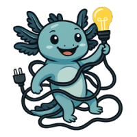 Kevin, a sea green axolotl, wrapped up in a electrical cord and holding a lit light bulb.
